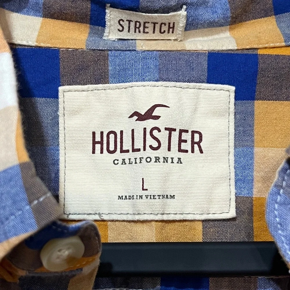 Hollister Stretch‎ Plaid Button‑Up Mens L Slim Fit Blue White Yellow - Picture 4 of 14